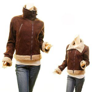 Faux Suede Leather Shearling Sherpa Aviator Moto Bomber Belted Jacket - J1039